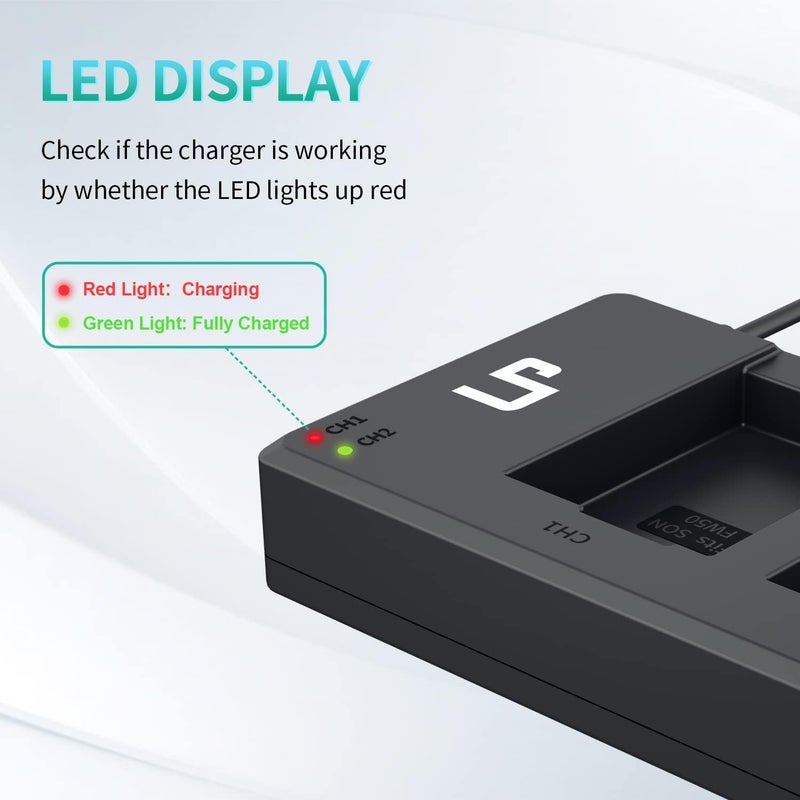 L & P NP-FW50 Battery Charger Pack, 2-Pack Battery & Dual Slot Charger for Sony Alpha A6000, A6400, A6100, A6300, A6500, A5100, A5000, A7, A7II, A7R, A7RII, A7R2, A7S, A7SII, A7S2, RX10 RX10II ZV-E10 - Image 4